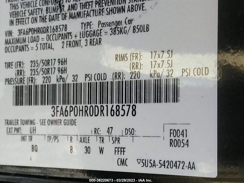 2013 FORD FUSION SE - 3FA6P0HR0DR168578