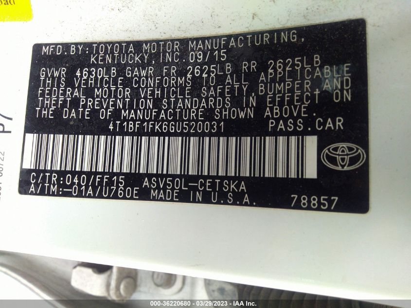 2016 TOYOTA CAMRY XLE/SE/LE/XSE - 4T1BF1FK6GU520031