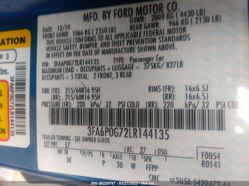 2020 FORD FUSION S - 3FA6P0G72LR144135