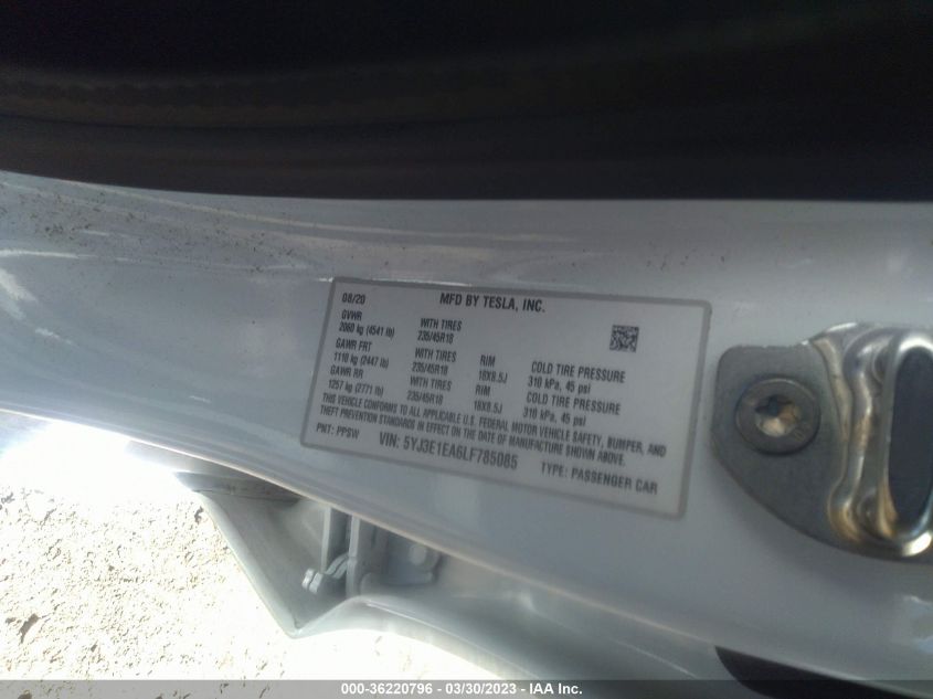 2020 TESLA MODEL 3 STANDARD RANGE - 5YJ3E1EA6LF785085