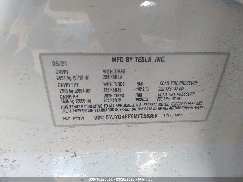 VIN 5YJYGAEE6MF266350 2021 TESLA MODEL Y LONG RANGE