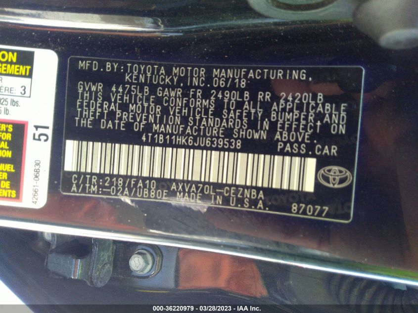 2018 TOYOTA CAMRY LE/SE/XLE/L - 4T1B11HK6JU639538