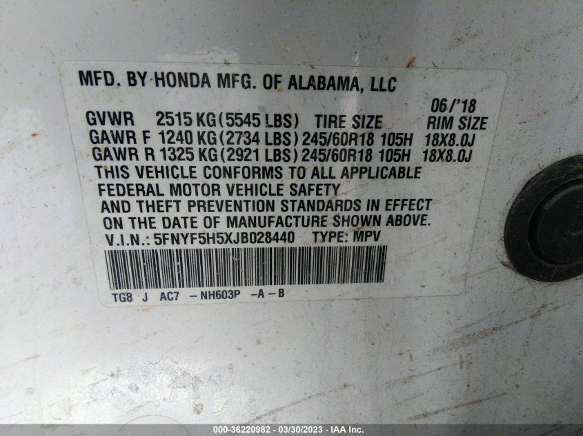 2018 HONDA PILOT EX-L - 5FNYF5H5XJB028440