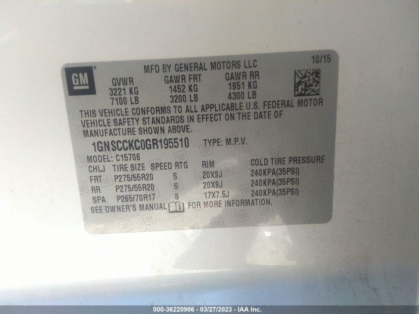 2016 CHEVROLET TAHOE LTZ - 1GNSCCKC0GR195510