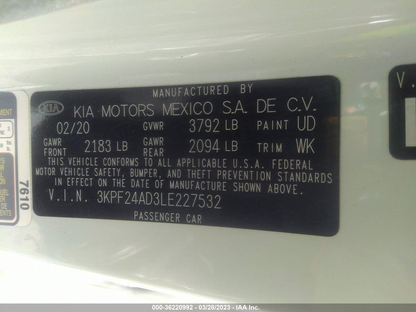 VIN 3KPF24AD3LE227532 2020 KIA FORTE LXS