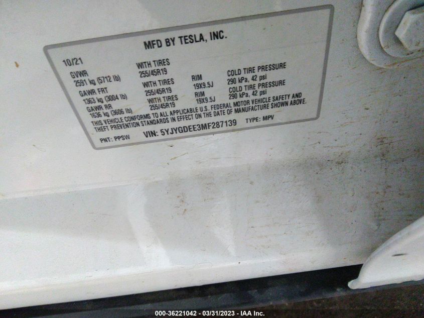 2021 TESLA MODEL Y LONG RANGE - 5YJYGDEE3MF287139
