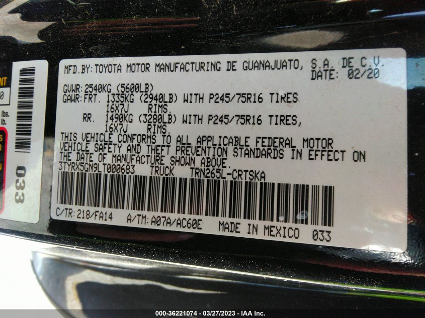 2020 TOYOTA TACOMA 2WD SR/SR5 - 3TYRX5GN9LT000683