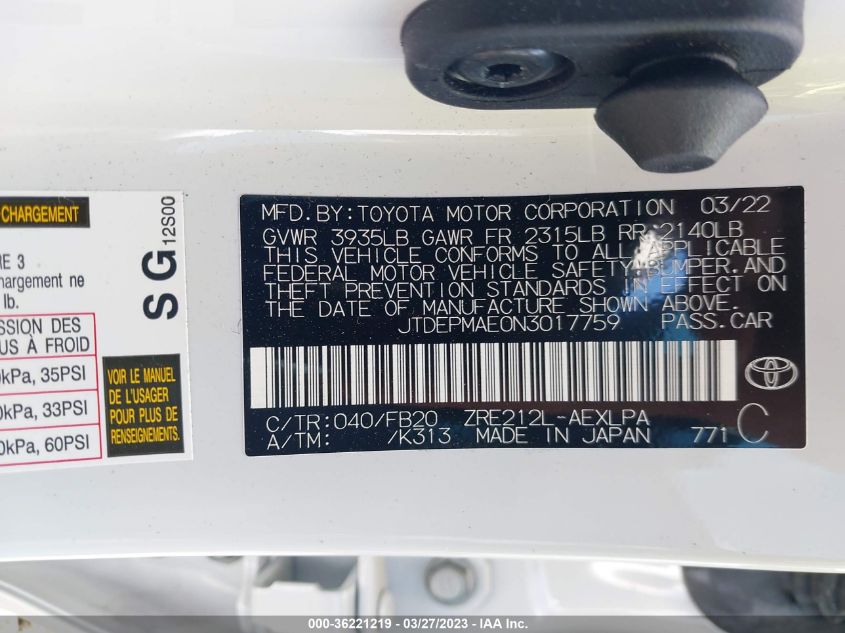 2022 TOYOTA COROLLA LE - JTDEPMAE0N3017759