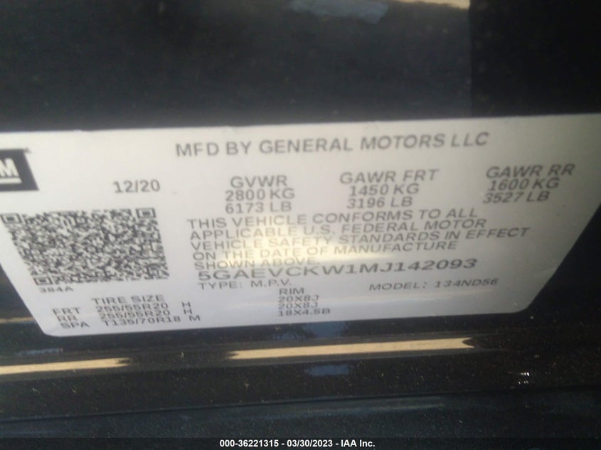 VIN 5GAEVCKW1MJ142093 2021 BUICK ENCLAVE AVENIR