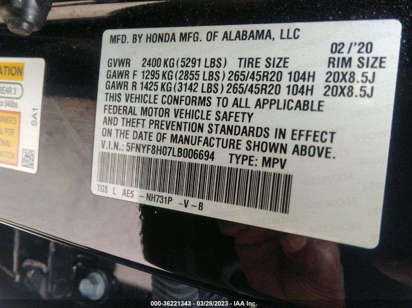 2020 HONDA PASSPORT ELITE 5FNYF8H07LB006694