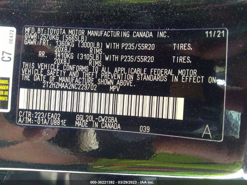 2022 LEXUS RX RX 350 - 2T2HZMAA2NC229702