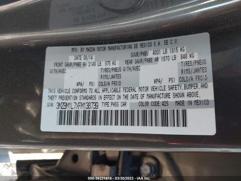 2015 MAZDA MAZDA3 I TOURING - 3MZBM1L7XFM138739