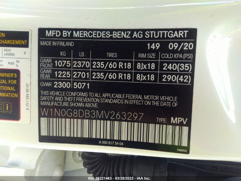2021 MERCEDES-BENZ GLC GLC 300 - W1N0G8DB3MV263297