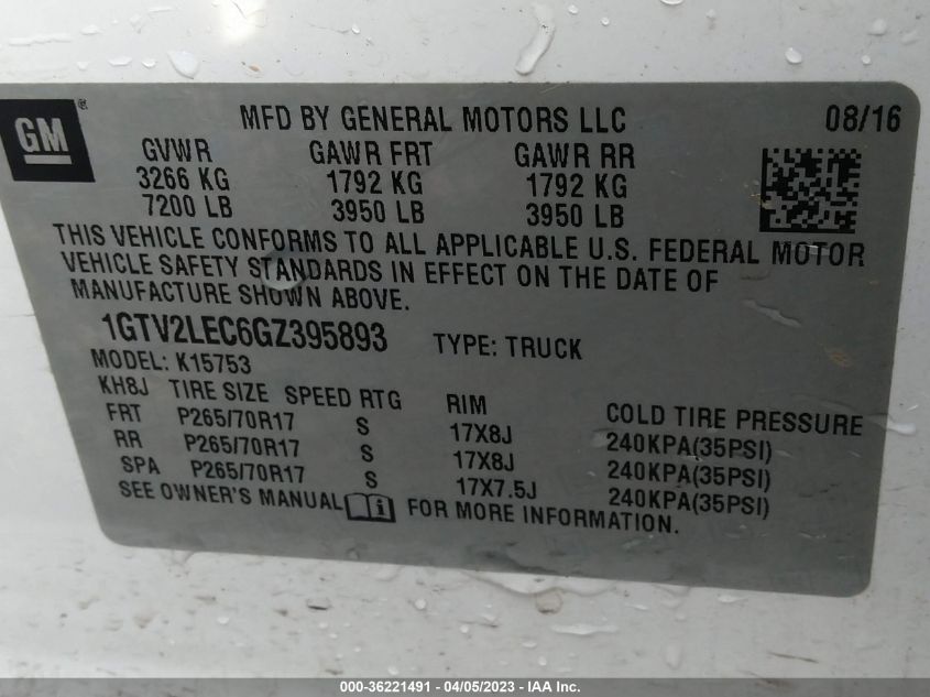 2016 GMC SIERRA 1500 - 1GTV2LEC6GZ395893