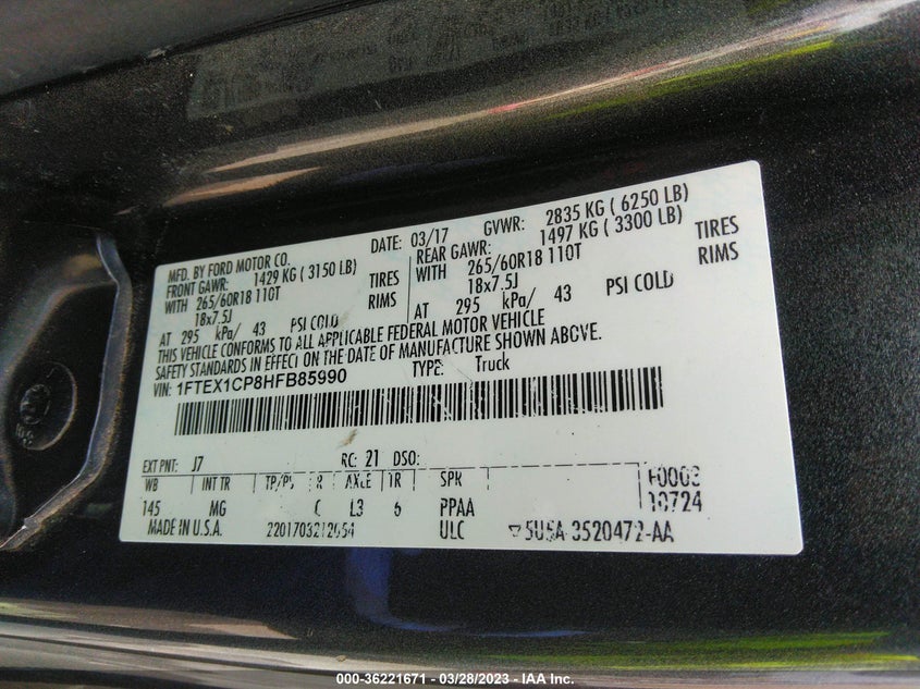 VIN 1FTEX1CP8HFB85990 2017 FORD F-150 XL/XLT/LARIAT