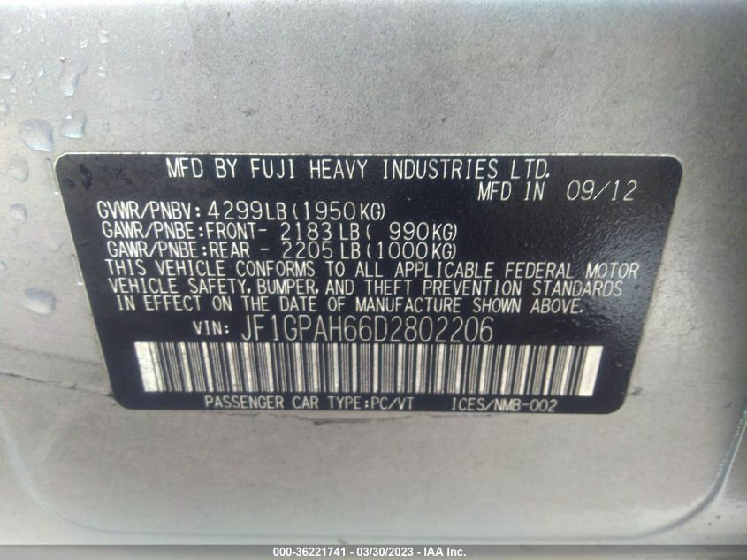 2013 SUBARU IMPREZA WAGON 2.0I LIMITED - JF1GPAH66D2802206