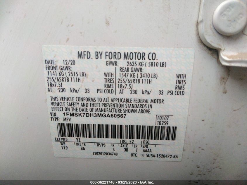 2021 FORD EXPLORER XLT - 1FMSK7DH3MGA60567