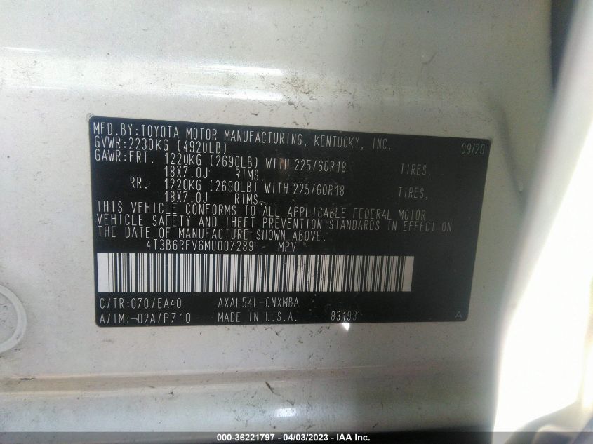 2021 TOYOTA RAV4 HYBRID - 4T3B6RFV6MU007289