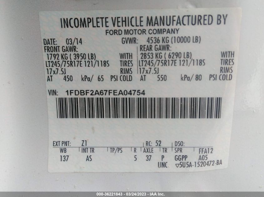 2015 FORD SUPER DUTY F-250 SRW XL/XLT - 1FDBF2A67FEA04754