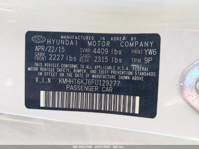 2015 HYUNDAI GENESIS COUPE 3.8L BASE KMHHT6KJ6FU129277