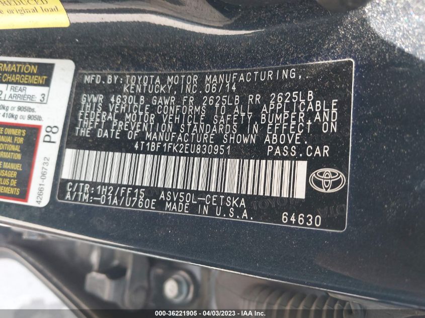 2014 TOYOTA CAMRY L/LE/XLE/SE/SE SPORT - 4T1BF1FK2EU830951
