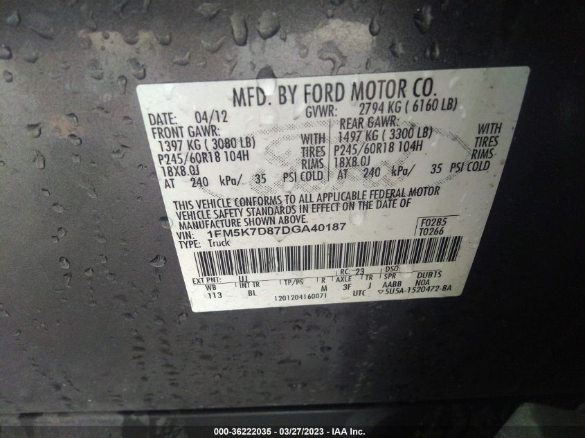 2013 FORD EXPLORER XLT - 1FM5K7D87DGA40187