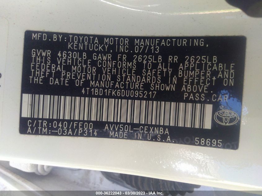 2013 TOYOTA CAMRY HYBRID LE/XLE - 4T1BD1FK6DU095217