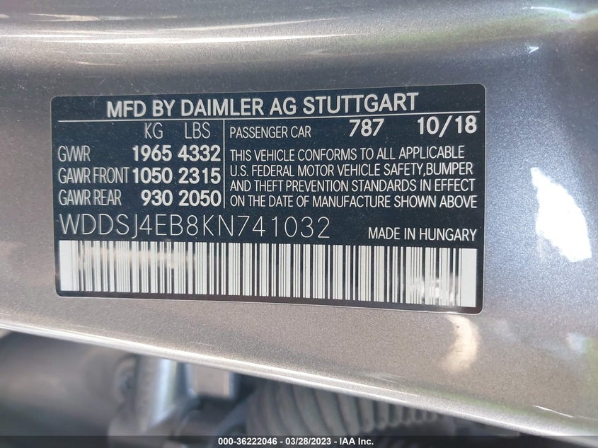 VIN WDDSJ4EB8KN741032 2019 MERCEDES-BENZ CLA CLA 250