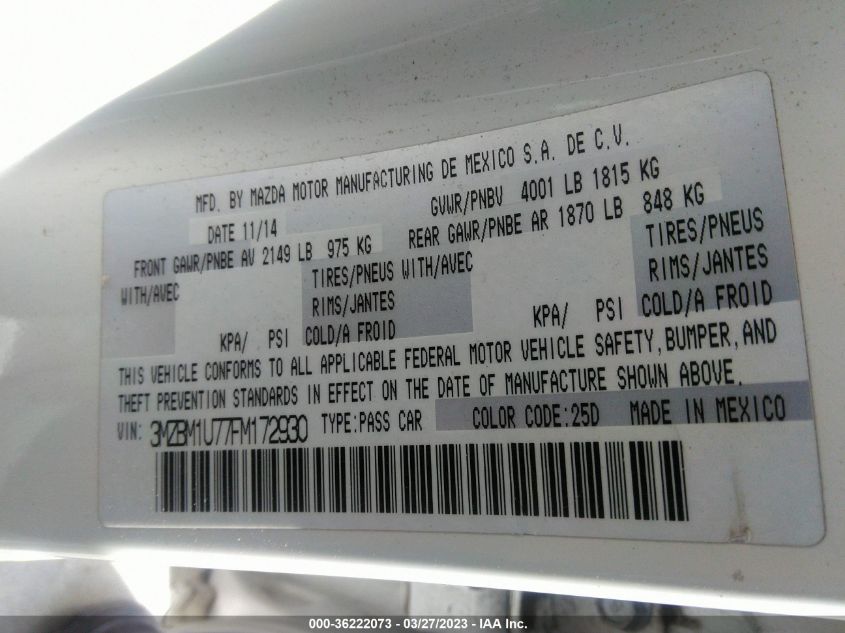 2015 MAZDA MAZDA3 I SPORT - 3MZBM1U77FM172930