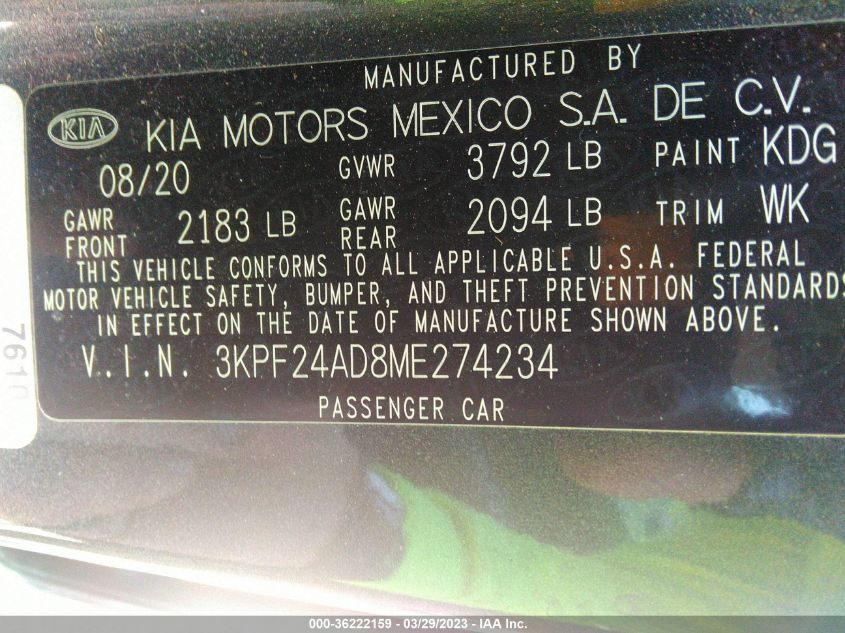 2021 KIA FORTE LXS - 3KPF24AD8ME274234