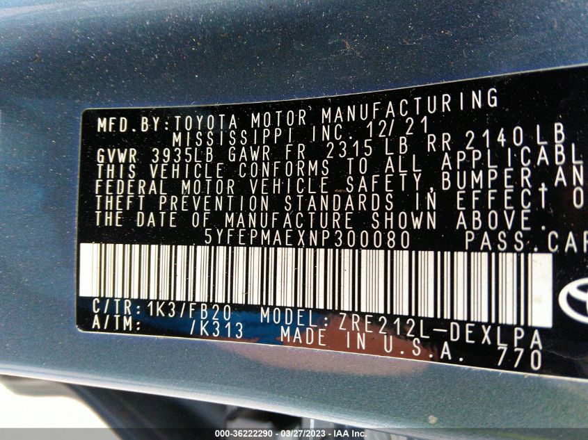 2022 TOYOTA COROLLA LE - 5YFEPMAEXNP300080