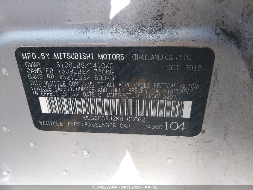 2019 MITSUBISHI MIRAGE G4 ES/RF - ML32F3FJ2KHF03662