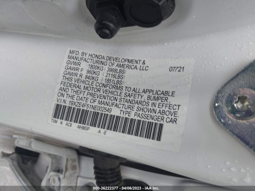 2022 HONDA INSIGHT EX 19XZE4F51NE002549