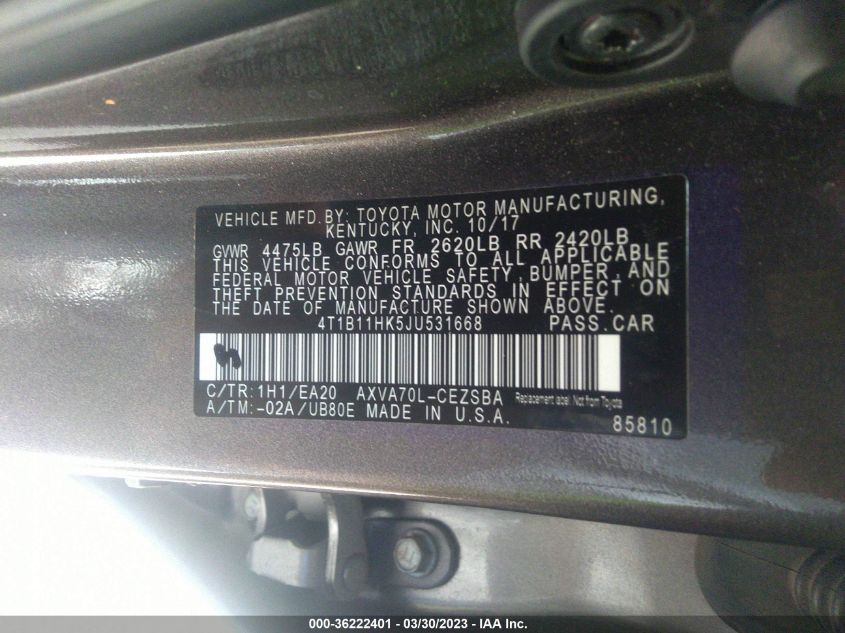 2018 TOYOTA CAMRY LE/SE/XLE/L - 4T1B11HK5JU531668