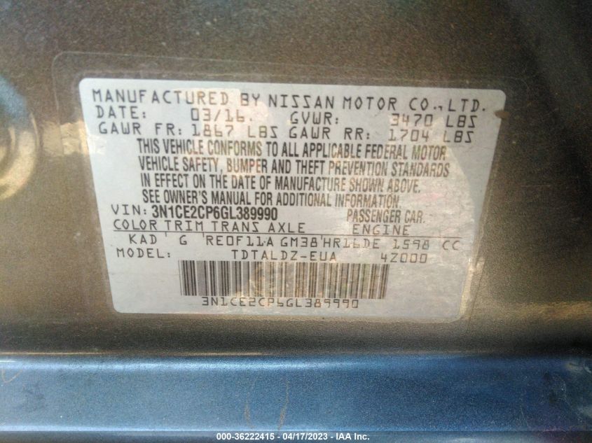 2016 NISSAN VERSA NOTE S/S PLUS/SV/SR/SL - 3N1CE2CP6GL389990