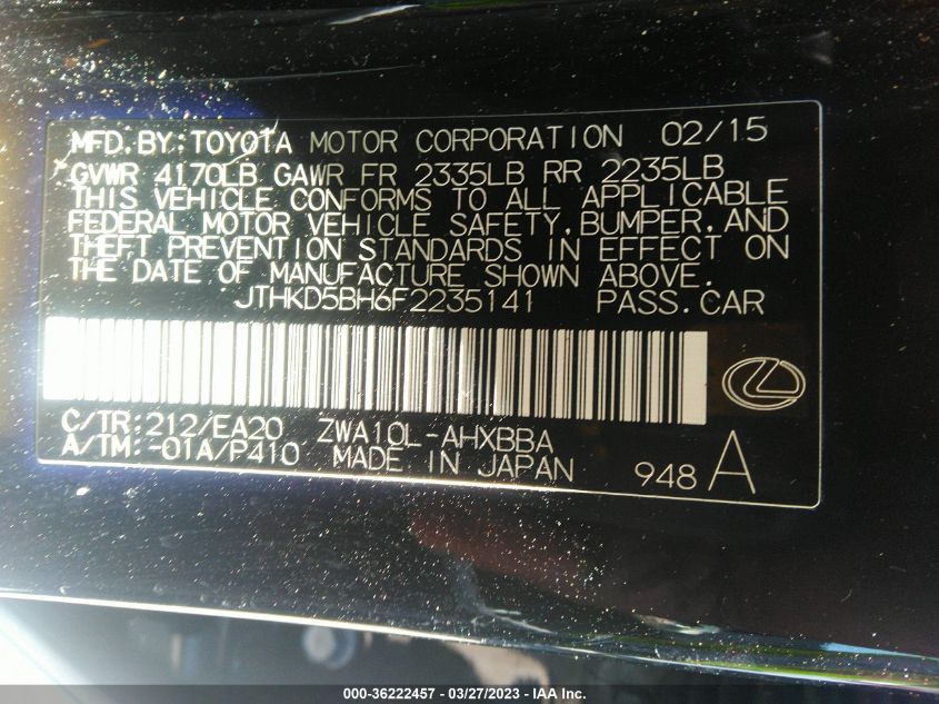 2015 LEXUS CT 200H HYBRID - JTHKD5BH6F2235141