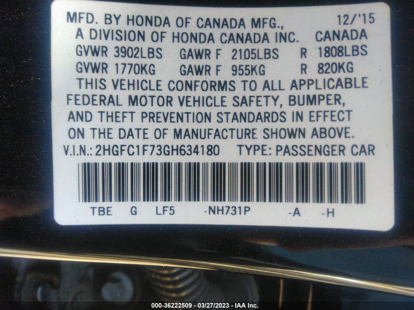 2016 HONDA CIVIC SEDAN EX-L - 2HGFC1F73GH634180