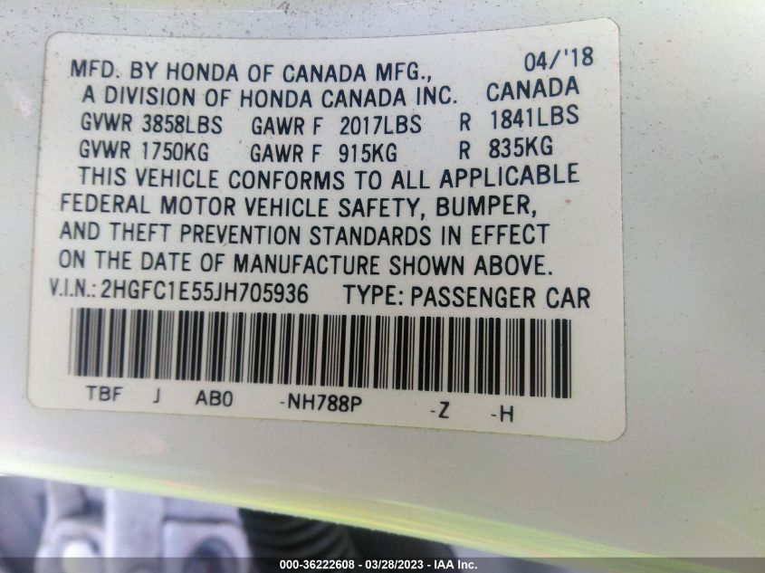 2018 HONDA CIVIC SI SEDAN - 2HGFC1E55JH705936