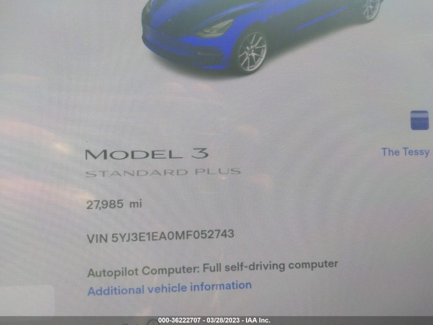 2021 TESLA MODEL 3 STANDARD RANGE PLUS - 5YJ3E1EA0MF052743