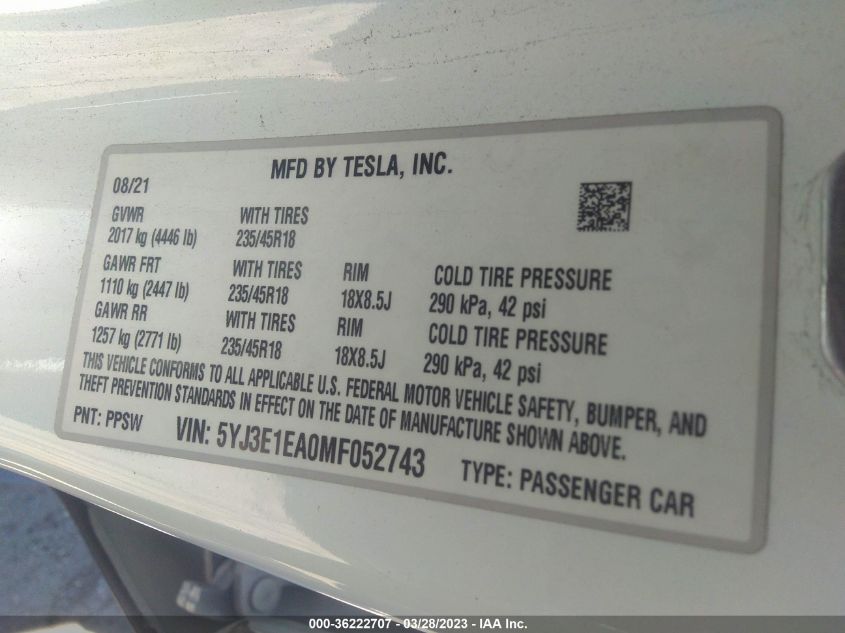 2021 TESLA MODEL 3 STANDARD RANGE PLUS - 5YJ3E1EA0MF052743
