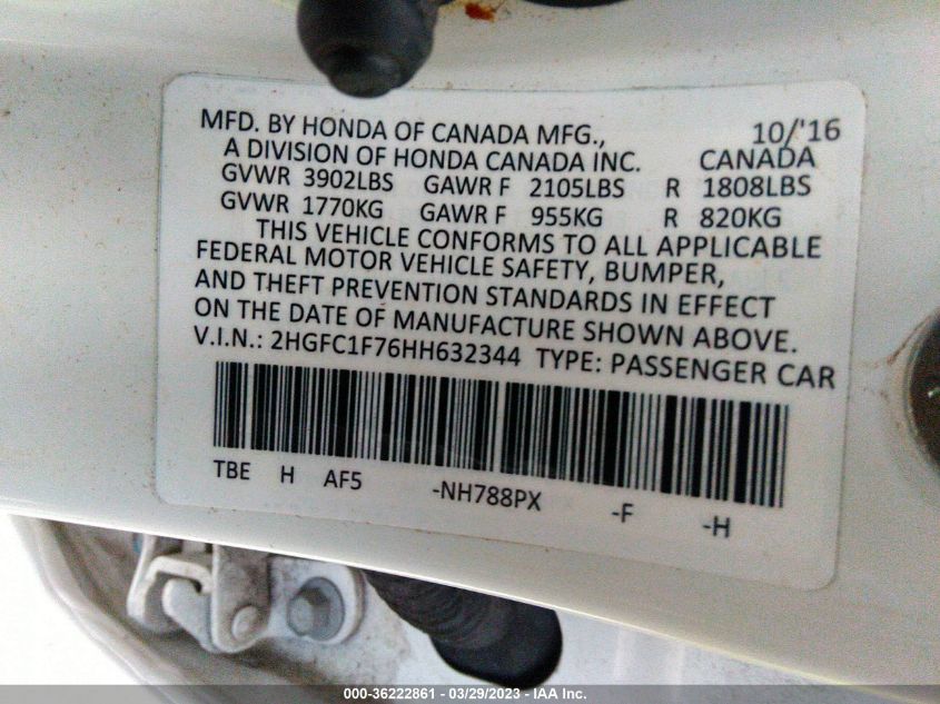 2017 HONDA CIVIC SEDAN EX-L - 2HGFC1F75HH632318