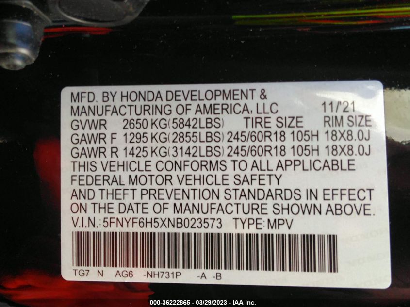 2022 HONDA PILOT EX-L - 5FNYF6H5XNB023573