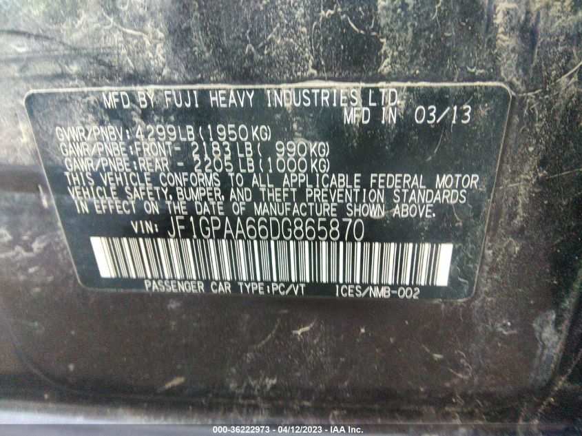 2013 SUBARU IMPREZA WAGON 2.0I - JF1GPAA66DG865870