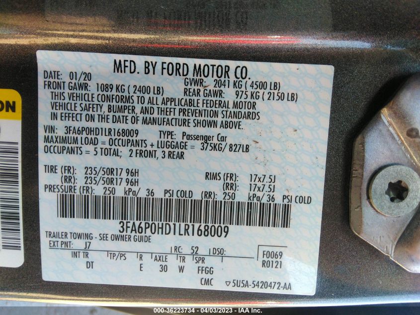 2020 FORD FUSION SE - 3FA6P0HD1LR168009