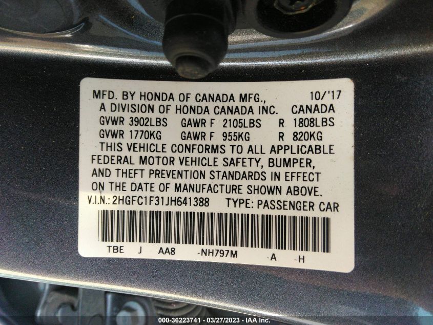 2018 HONDA CIVIC SEDAN EX-T - 2HGFC1F31JH641388