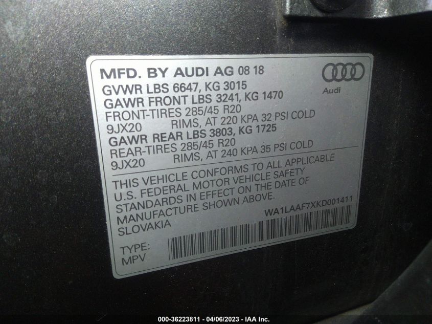 2019 AUDI Q7 PREMIUM PLUS - WA1LAAF7XKD001411