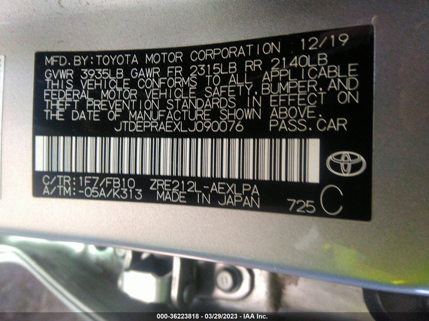 VIN JTDEPRAEXLJ090076 2020 TOYOTA COROLLA LE