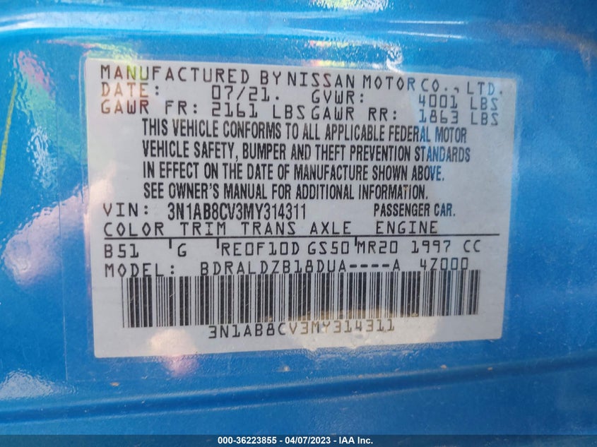 VIN 3N1AB8CV3MY314311 2021 NISSAN SENTRA SV