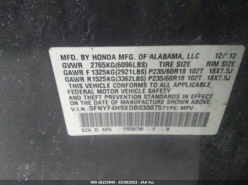 2013 HONDA PILOT TOURING - 5FNYF4H9XDB030075