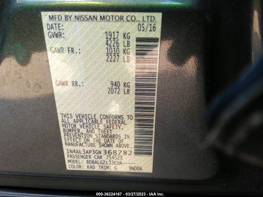 2016 NISSAN ALTIMA 2.5 - 1N4AL3AP3GN368782